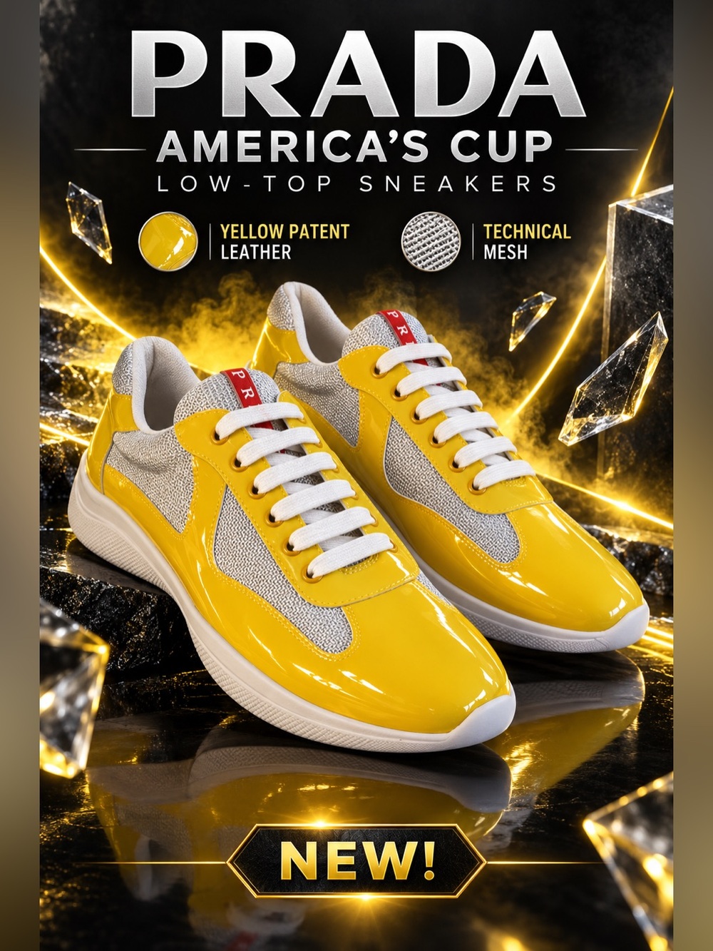Prada America's Cup low-top yellow patent leather/technical mesh Sneakers!🔥New!